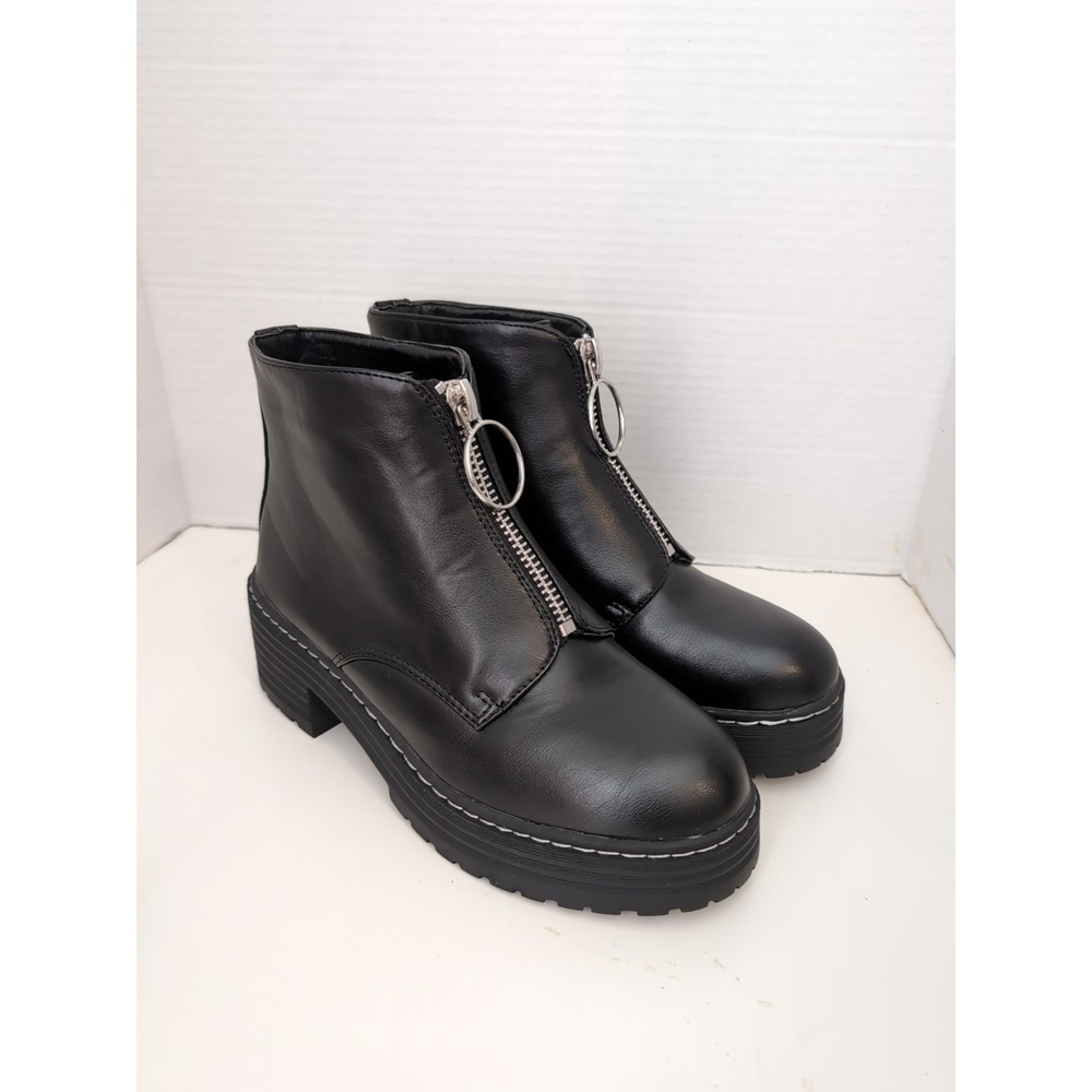 NWOB SEVEN 7 Black Faux Leather Chunky Ankle Boots Sz 9 Moto Biker Goth Grunge
